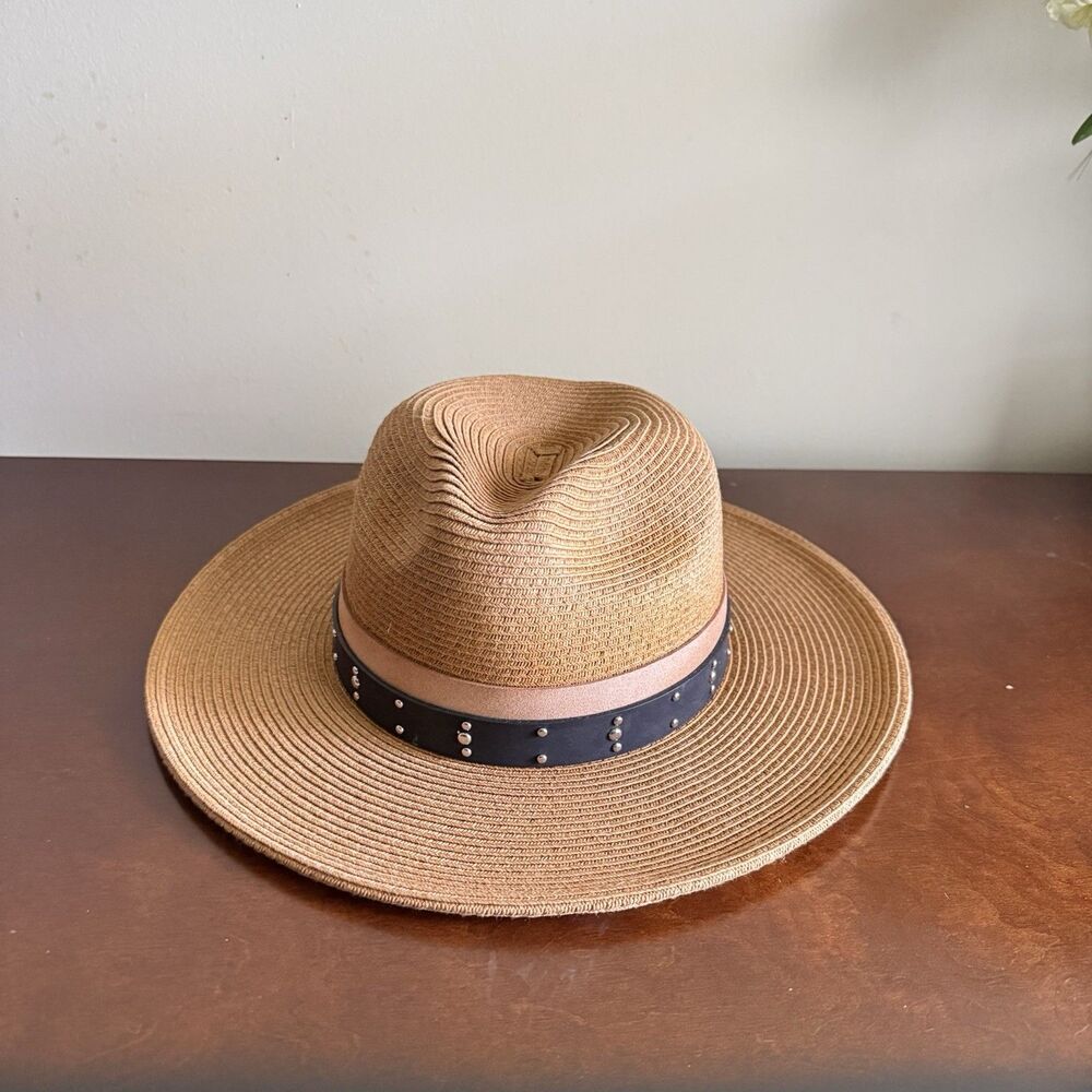 Frye Paper Braided Straw Fedora Hat M 22 Inches Wide Brim Studded Black Strap
